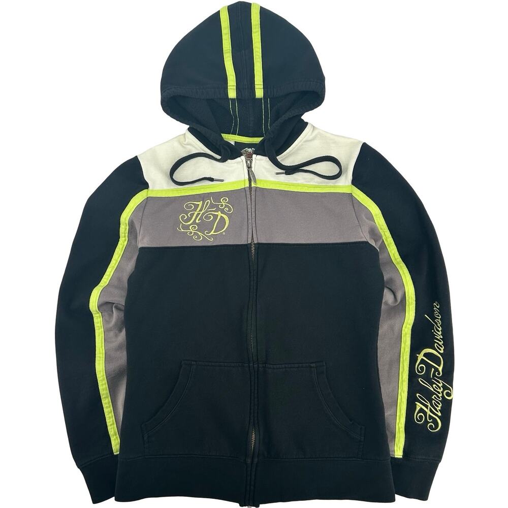 VTG y2k Women's Black Green Embroidered Harley Davidson Hoodie Sweatshirt Sz S - Picture 1 of 7